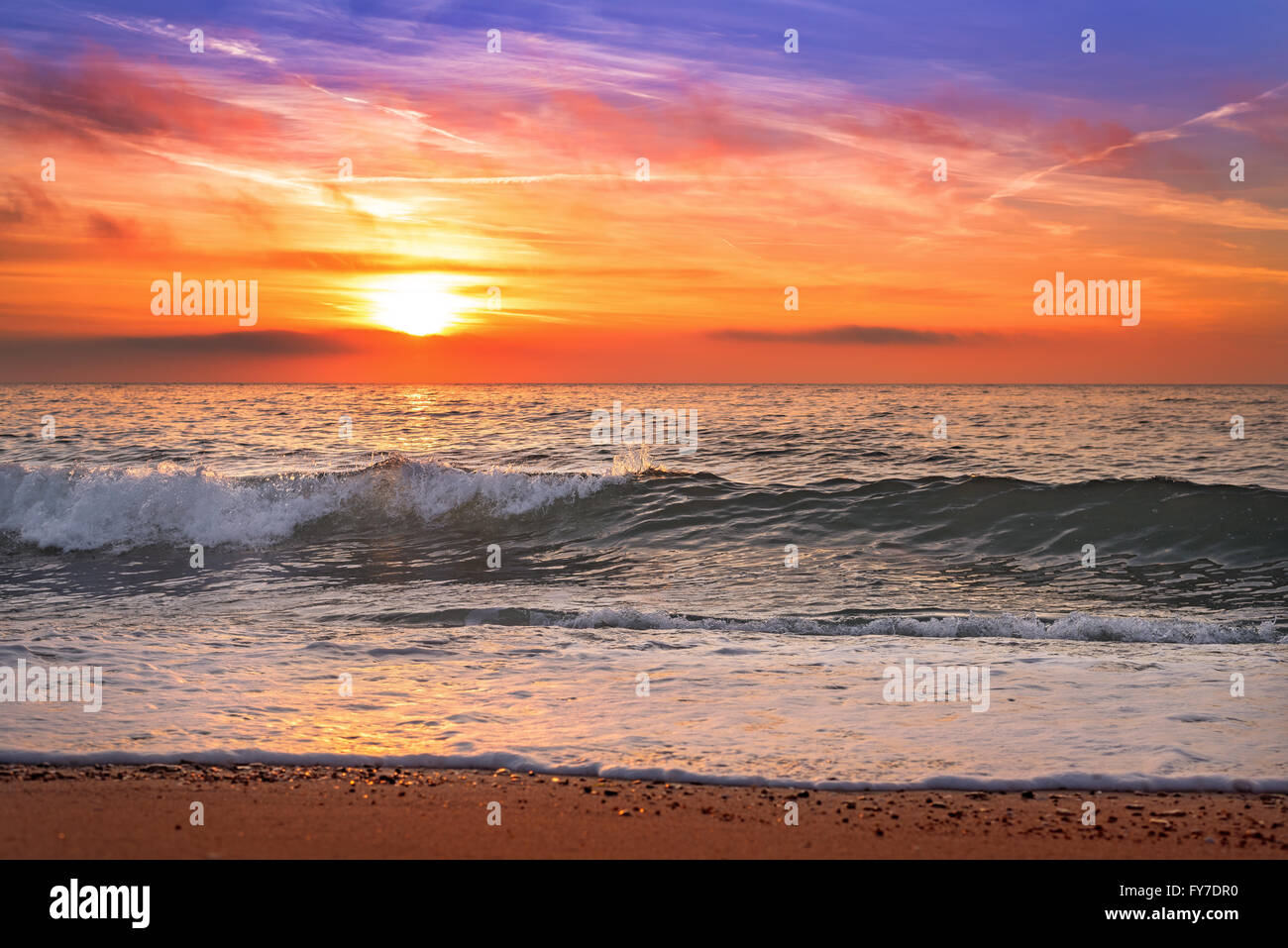 Colorido ocean beach amanecer con un cielo de azul profundo. Foto de stock