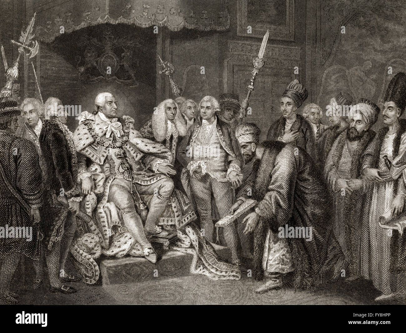 El Embajador turco arrodillado ante el Rey George III o George William Frederick, 1738 - 1820, Rey de Gran Bretaña y el Rey Foto de stock