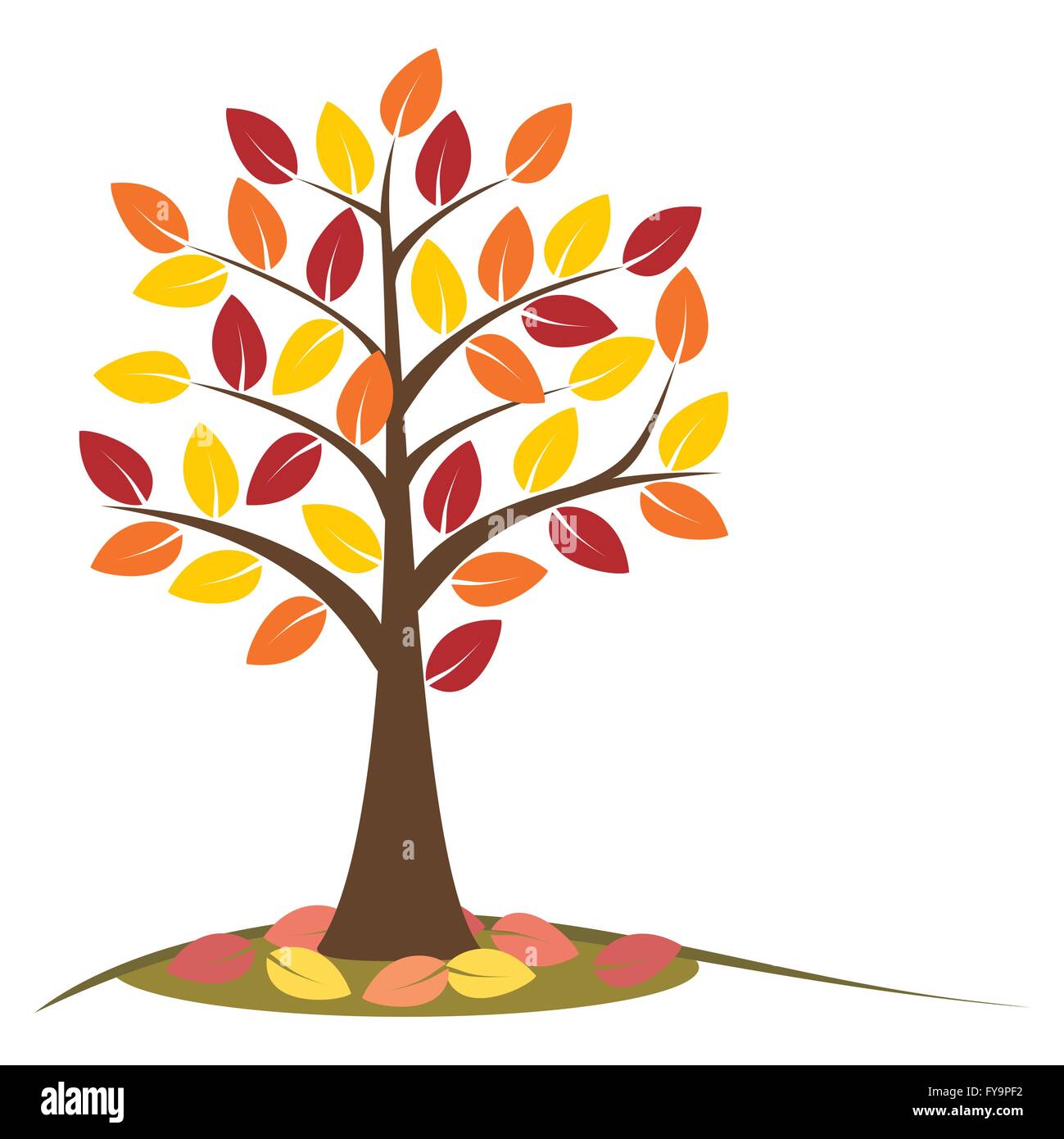 Con la caída de las hojas del árbol del otoño. Concepto de árbol de otoño.  Árbol de otoño estilizados con amarillo, naranja y hojas rojas. Aislado en  blanco Imagen Vector de stock -
