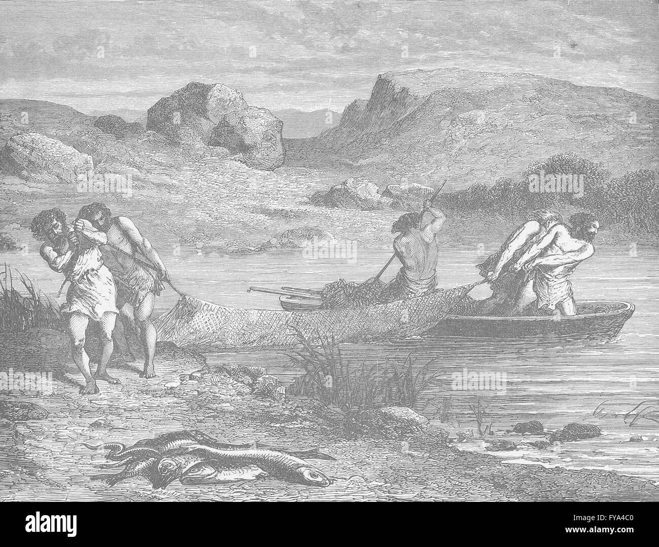 Prehistoria: pesca durante la piedra pulida (periodo neolítico), imprimir 1893 Foto de stock
