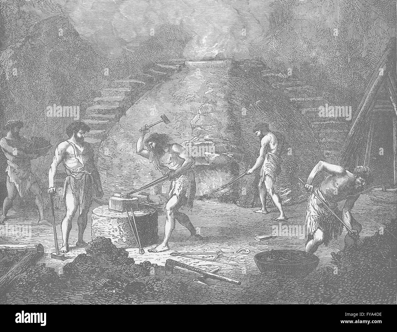 Edad del Hierro: primitivo horno para la fundición de hierro, grabado antiguo 1893 Foto de stock