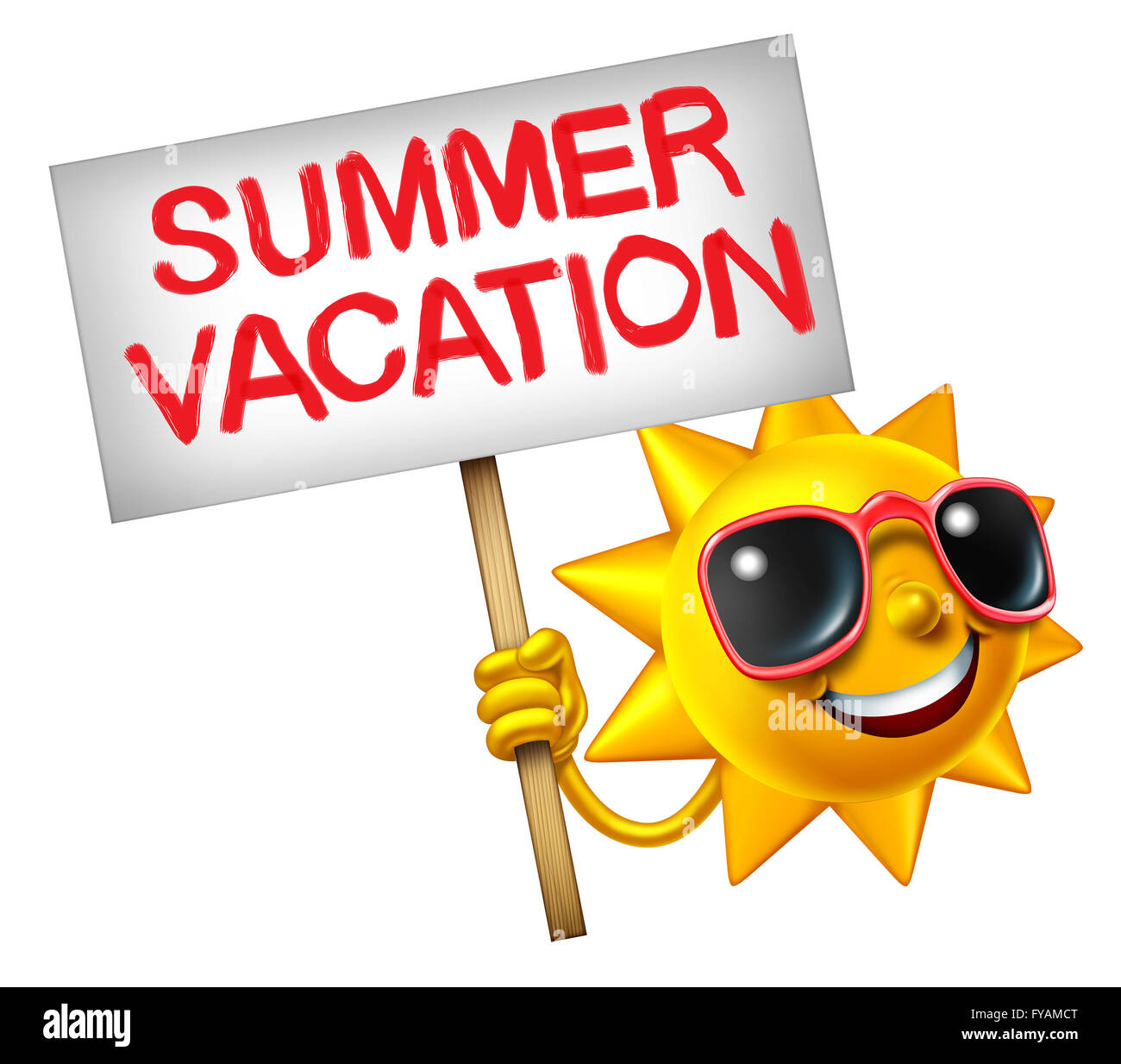 Vacaciones de Verano caluroso sol símbolo como un personaje con un cartel con el texto pintado como un icono de viaje para relajarse en verano como Foto de stock