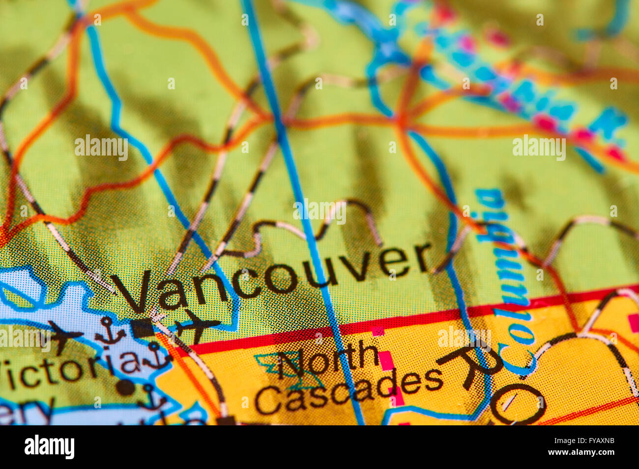 En la ciudad de Vancouver, Canadá en el mapa del mundo Foto de stock