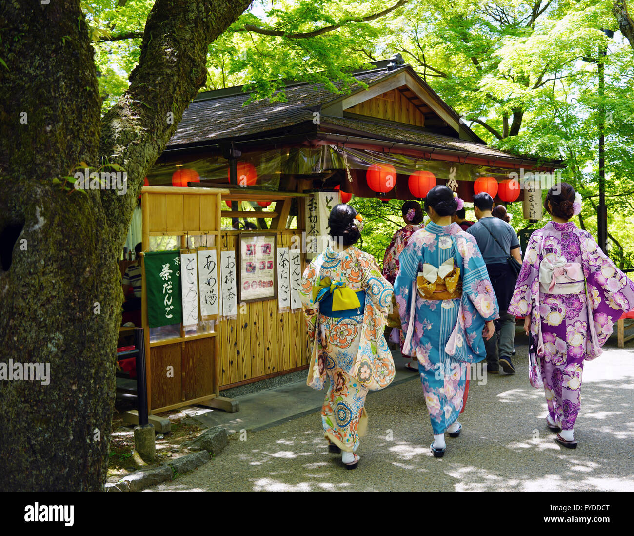 Las mujeres vestidas con kimono tradicional japonés caminando en la calle de Kiyomizu-dera en Kyoto, Japón Foto de stock