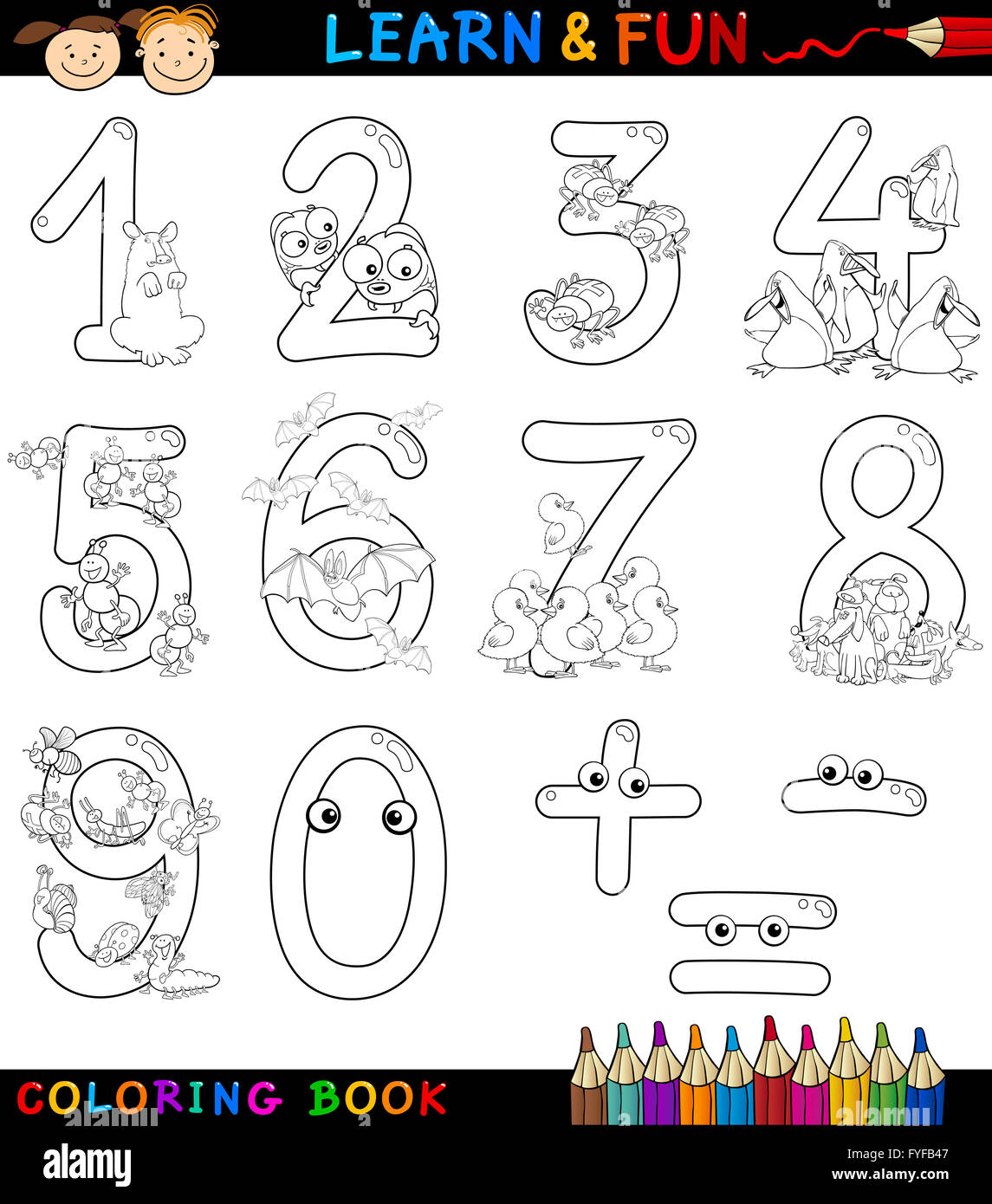 Números con animales de dibujos animados para colorear Fotografía de stock  - Alamy