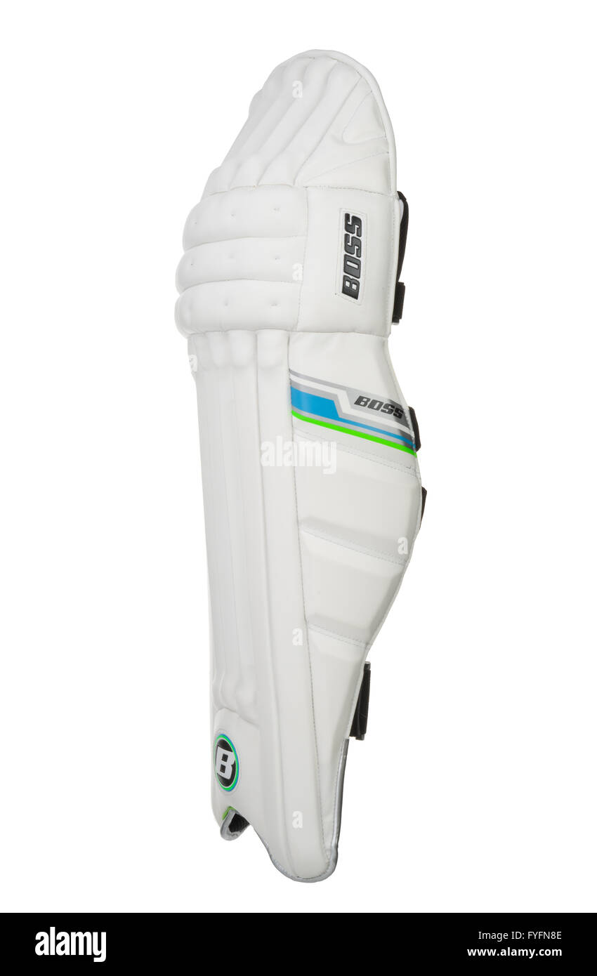 Almohadilla de cricket. Protección de la pierna. White material deportivo. Foto de stock