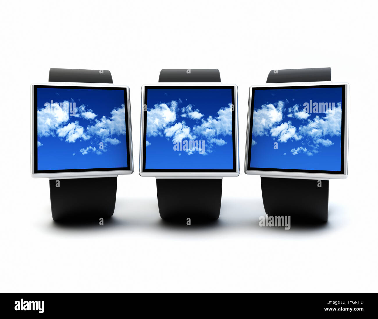La movilidad y la nube dispositivo portátil concepto tecnológico: colección de relojes inteligentes digitales aisladas sobre fondo blanco. Foto de stock