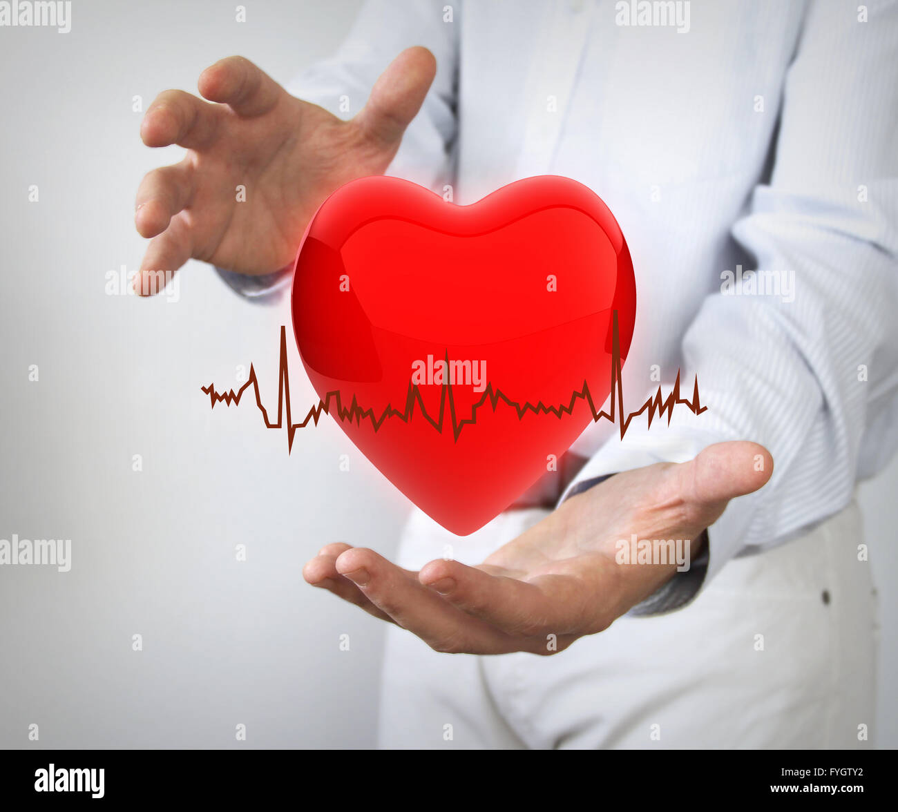 Concepto de seguros de salud: 3d hearth con electro entre manos Foto de stock