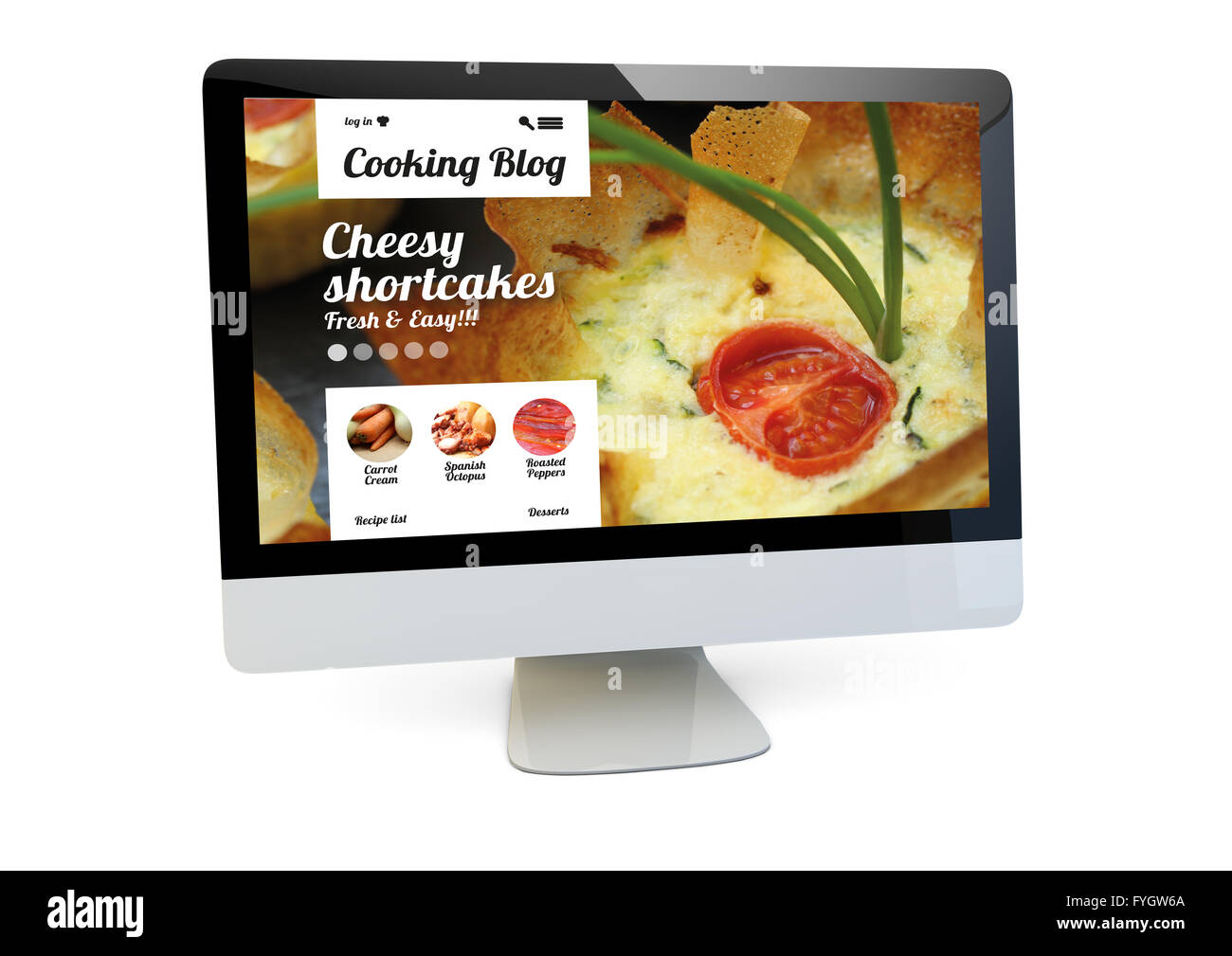 La cocina moderna concepto de aprendizaje: procesamiento de una computadora con un blog de cocina en la pantalla Foto de stock