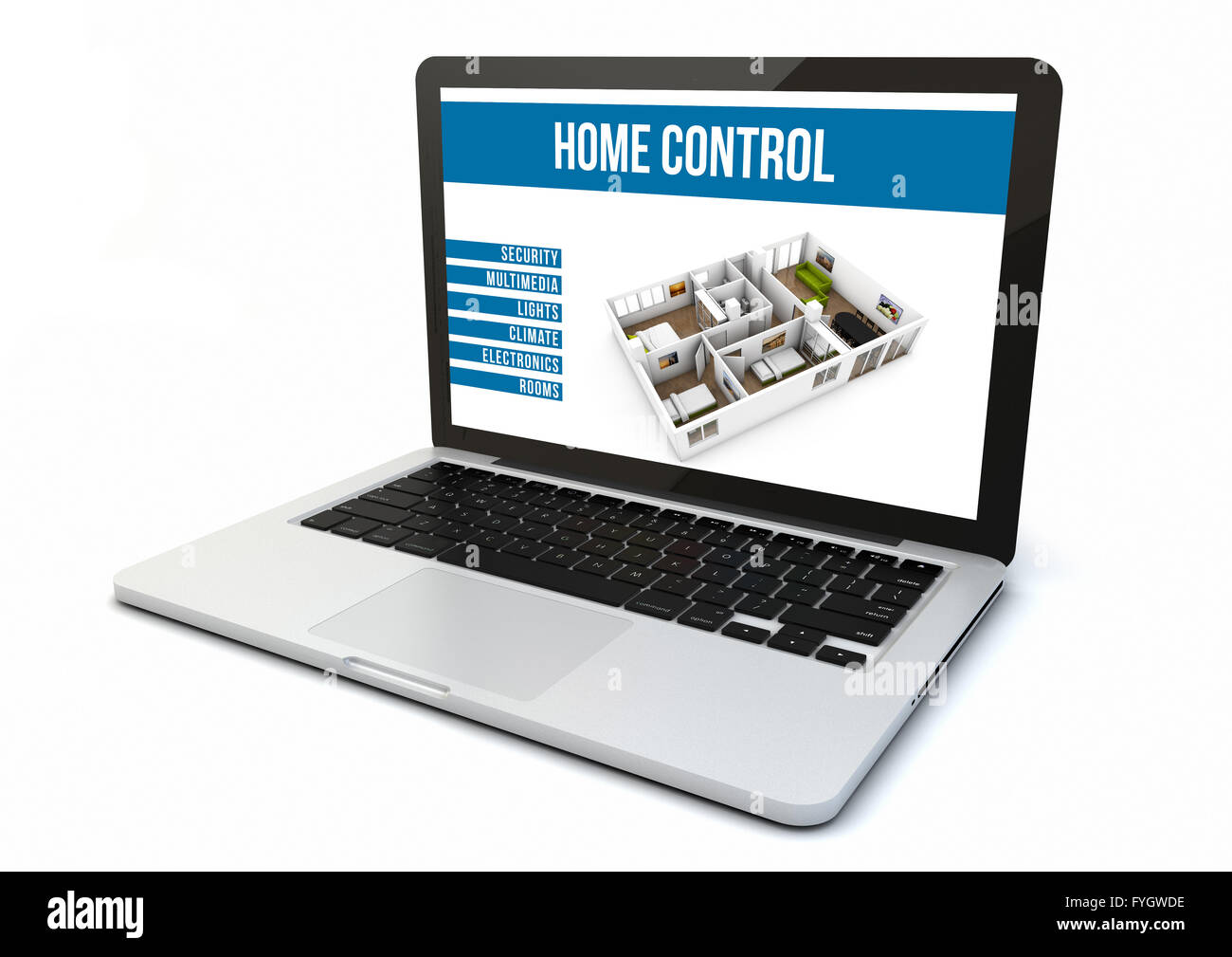 Render de un ordenador con el software de automatización del hogar en la pantalla Foto de stock