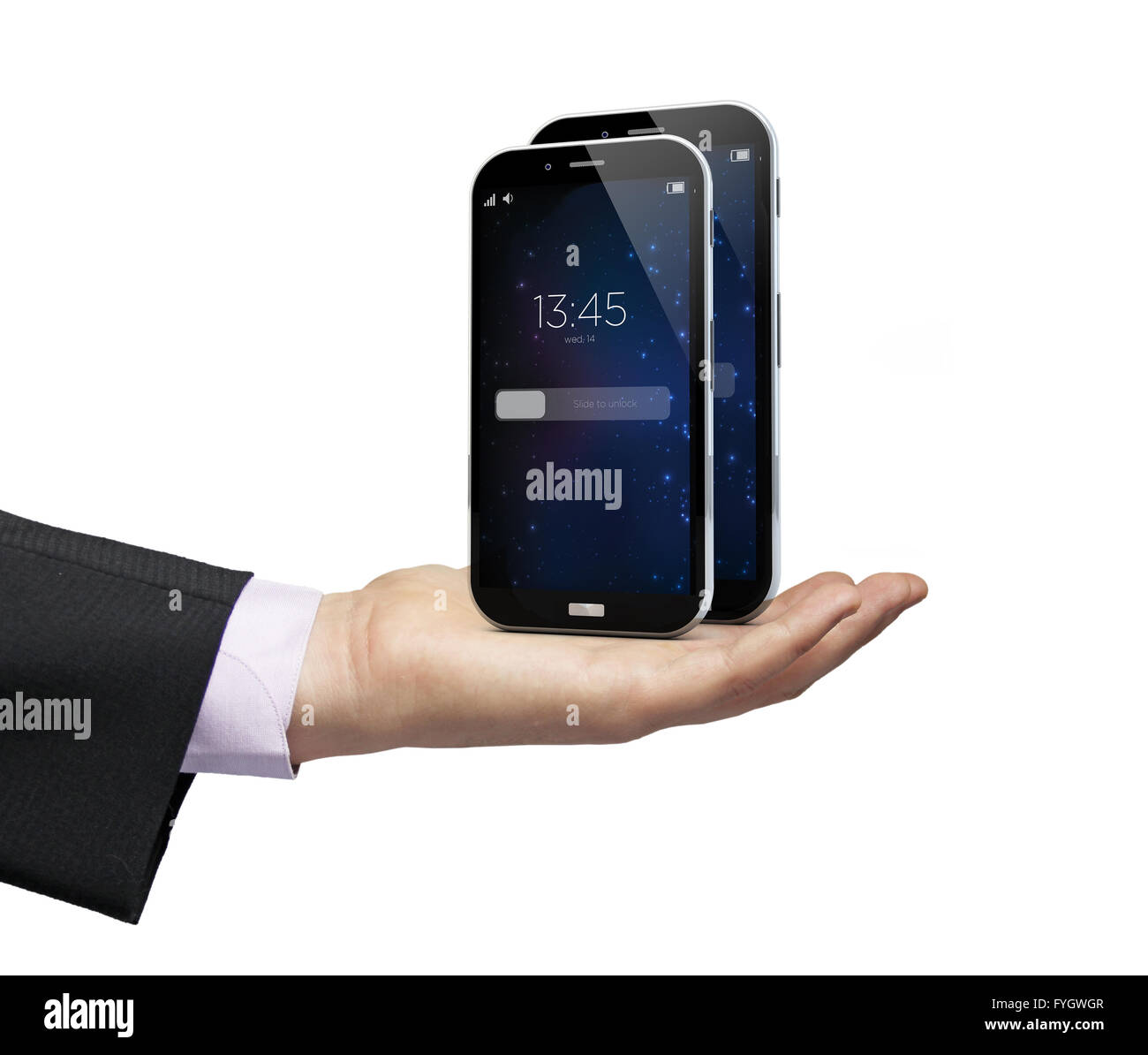 Dos smartphones con diferentes tamaños de más de un empresario de mano Foto de stock