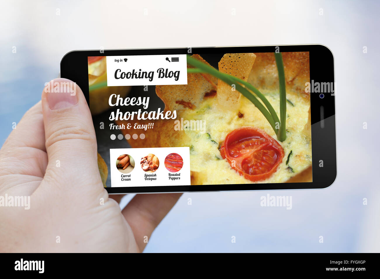 Tecnología y concepto de cocina: mano sujetando un smartphone generados en 3D con la cocina de app en la pantalla Foto de stock