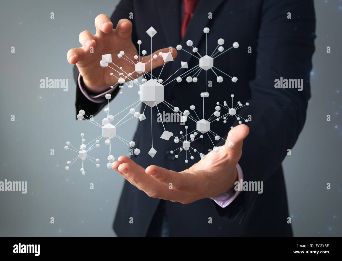 Concepto: La conexión física o el empresario con estructura molecular en las manos Foto de stock