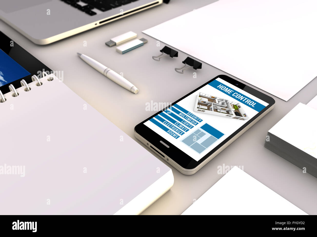 Concepto de domótica: vista de cerca de un 3D generada touchscreeen smartphone con interfaz de control de inicio en la pantalla. Scre Foto de stock