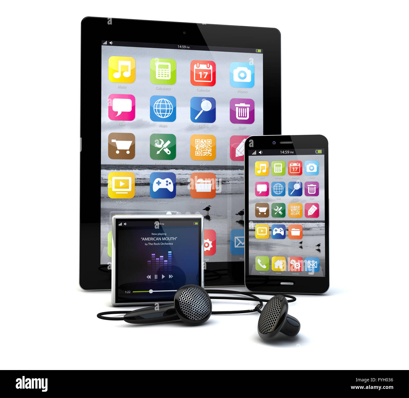 Render de un grupo de gadgets: tablet pc, teléfonos inteligentes y un reproductor de medios. Foto de stock