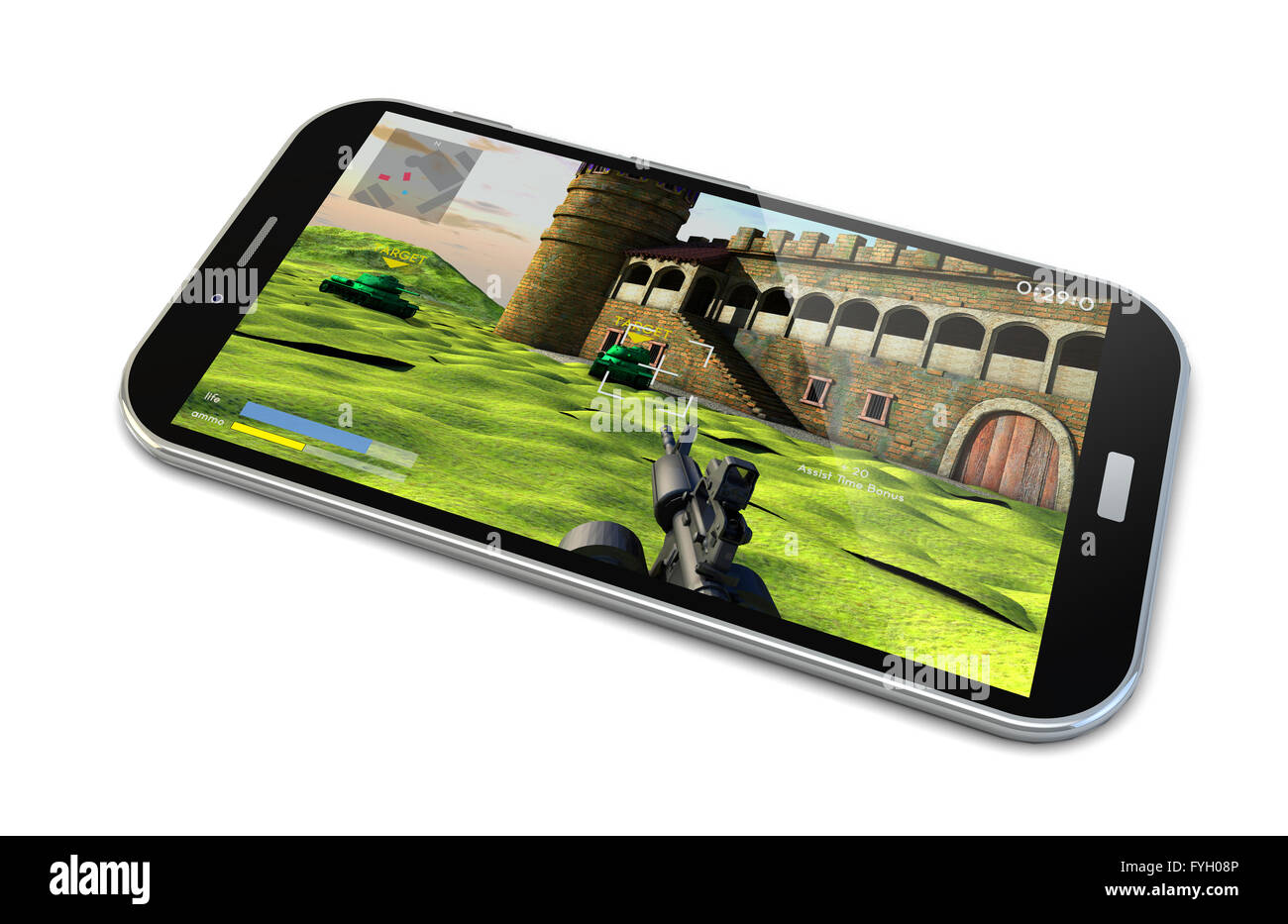 Render de un smartphone con un juego de disparos en la pantalla Foto de stock