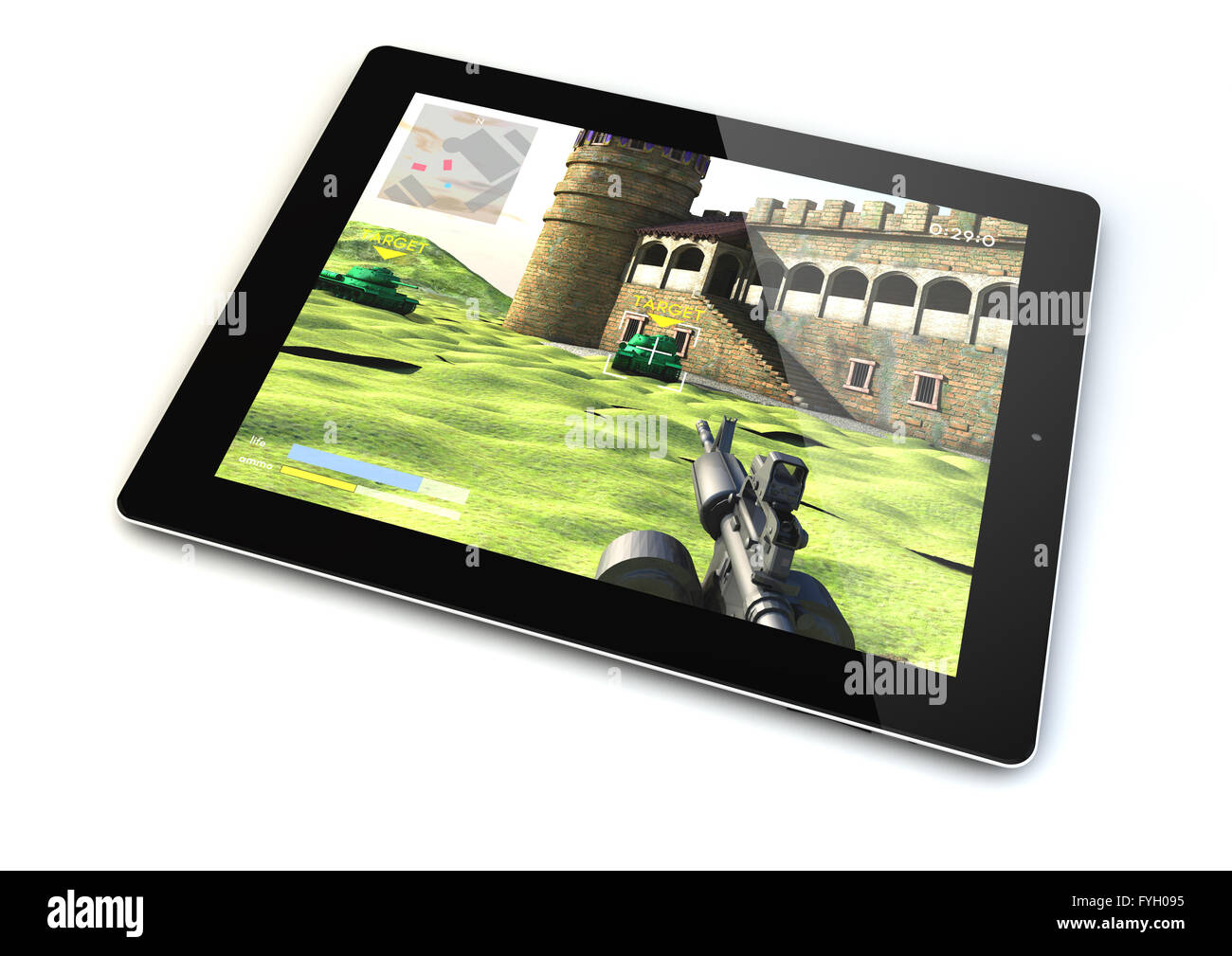 Render de una tableta con un juego de disparos en la pantalla Foto de stock