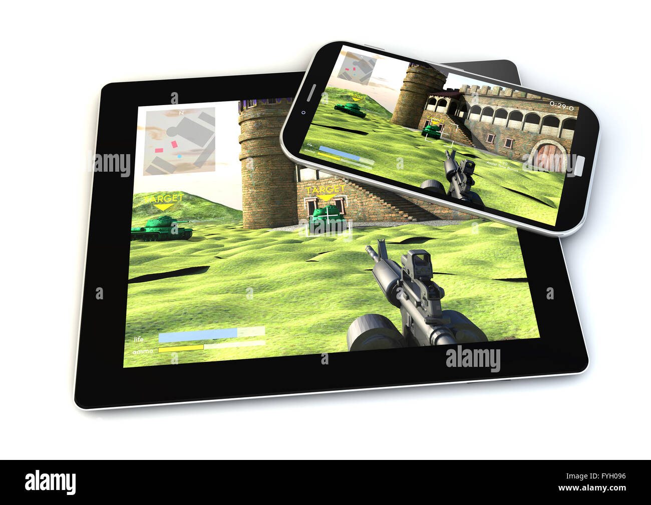 Render de smartphones y tablet con un juego de disparos en la pantalla Foto de stock