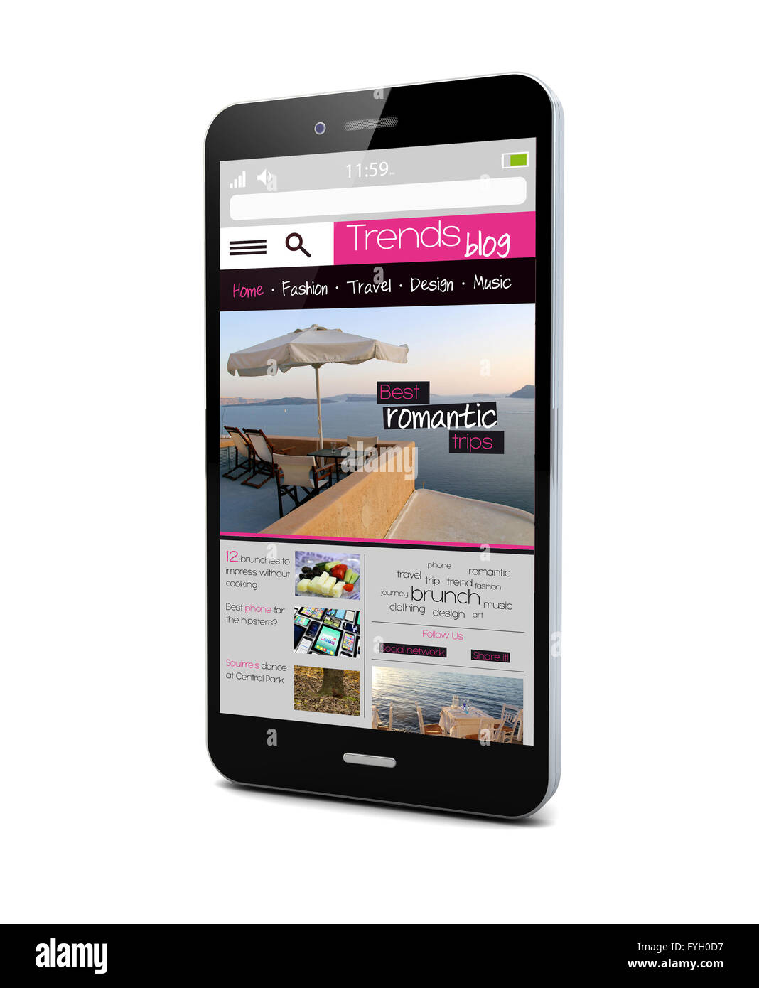 Presentación del smartphone En línea con las tendencias de la revista blog en la pantalla Foto de stock