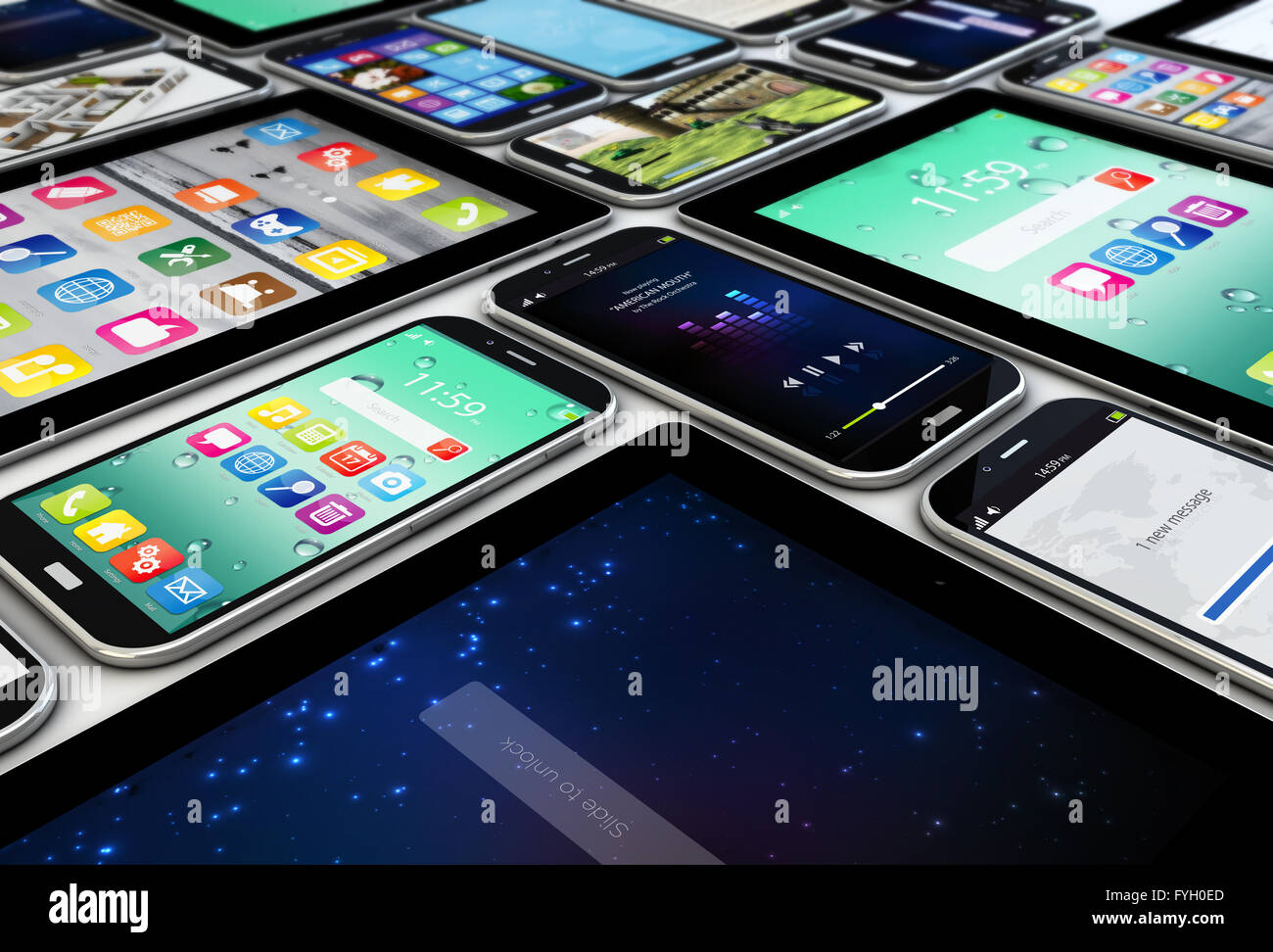 Concepto de movilidad: representar una colección de dispositivos móviles, tablets y smartphones Foto de stock