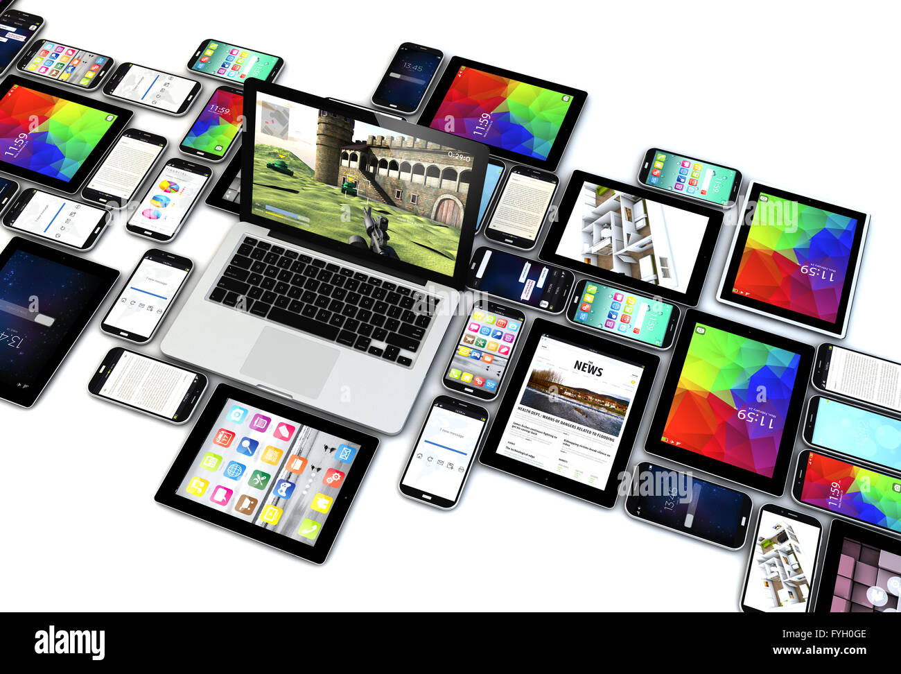 Concepto de tecnología: colección de dispositivos sobre fondo blanco. Todos los gráficos de pantalla se compone. Foto de stock
