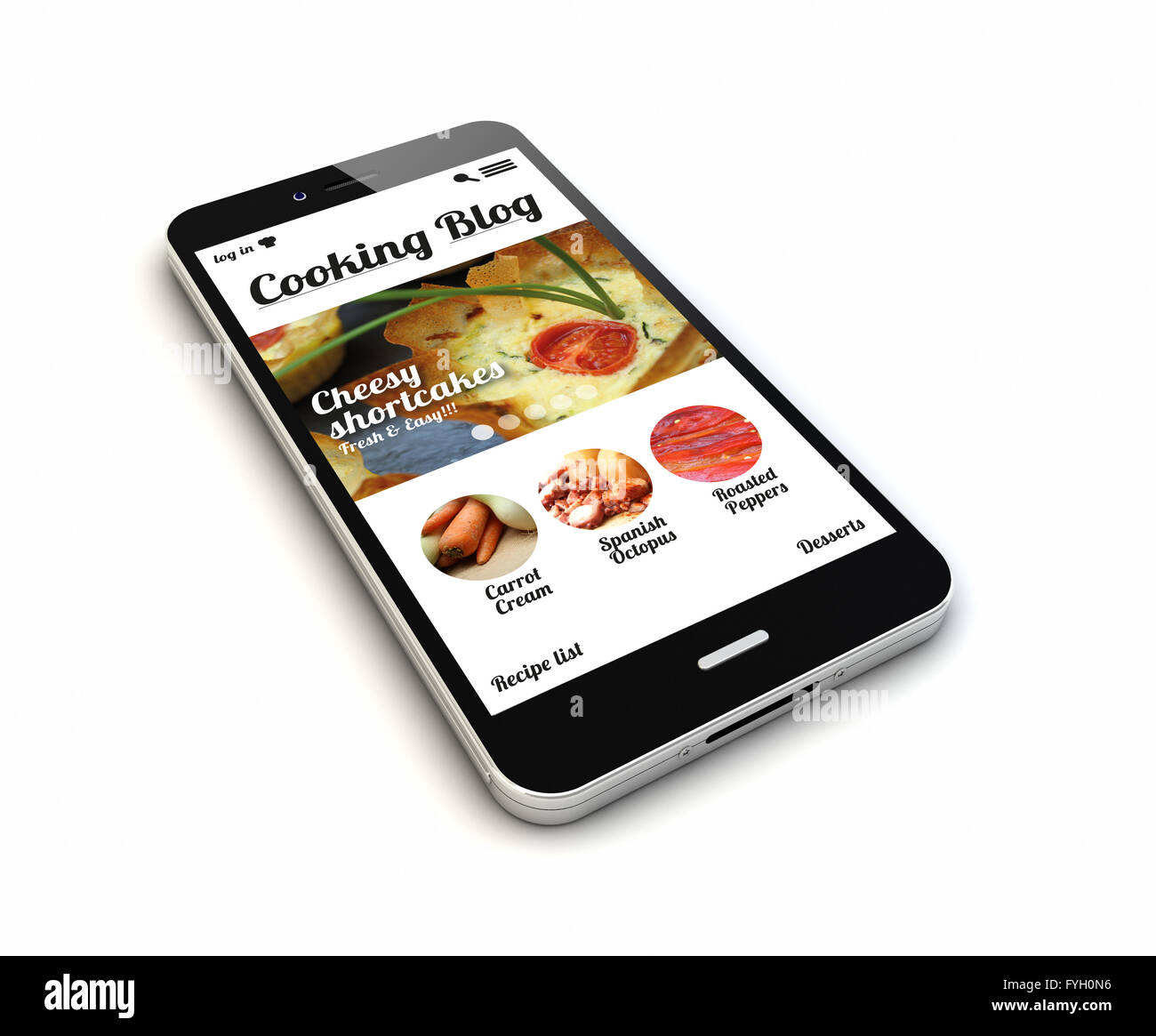 Render de un smartphone original con la cocina blog en la pantalla Foto de stock