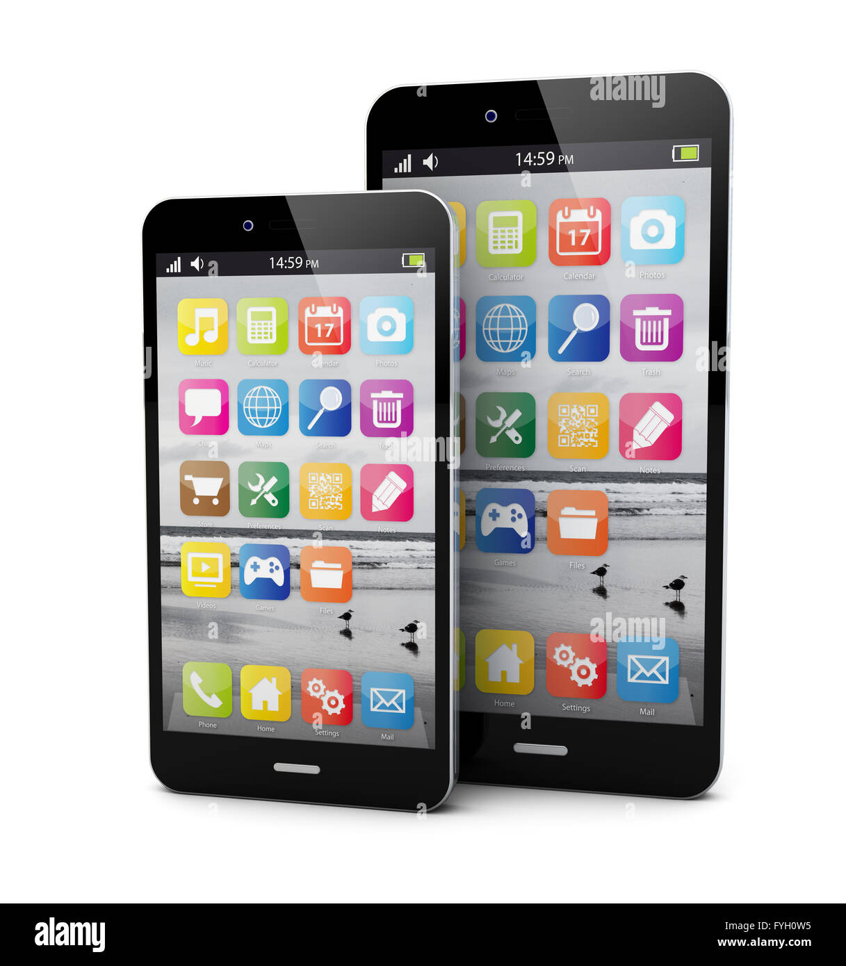 Render de smartphone con dos tamaños de pantalla Foto de stock