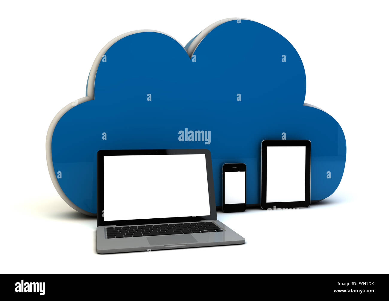 Presentación conceptual de una nube con un portátil, un smartphone y un tablet Foto de stock