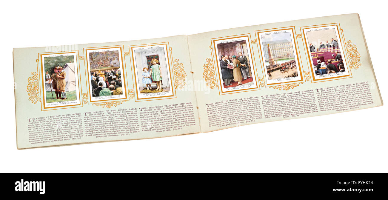 Tarjeta de cigarrillos testamentos libro de monarcas británicos incluyendo una joven princesa Elizabeth como un niño Foto de stock