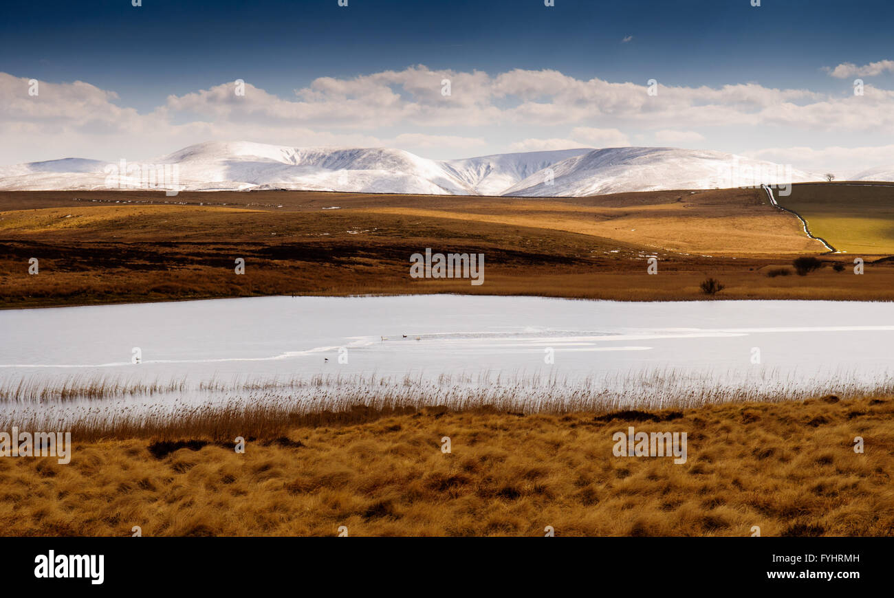 El nevado Howgill páramos de Yorkshire Dales National Park proporcionan el telón de fondo de la Sunbiggin Tarn. Foto de stock