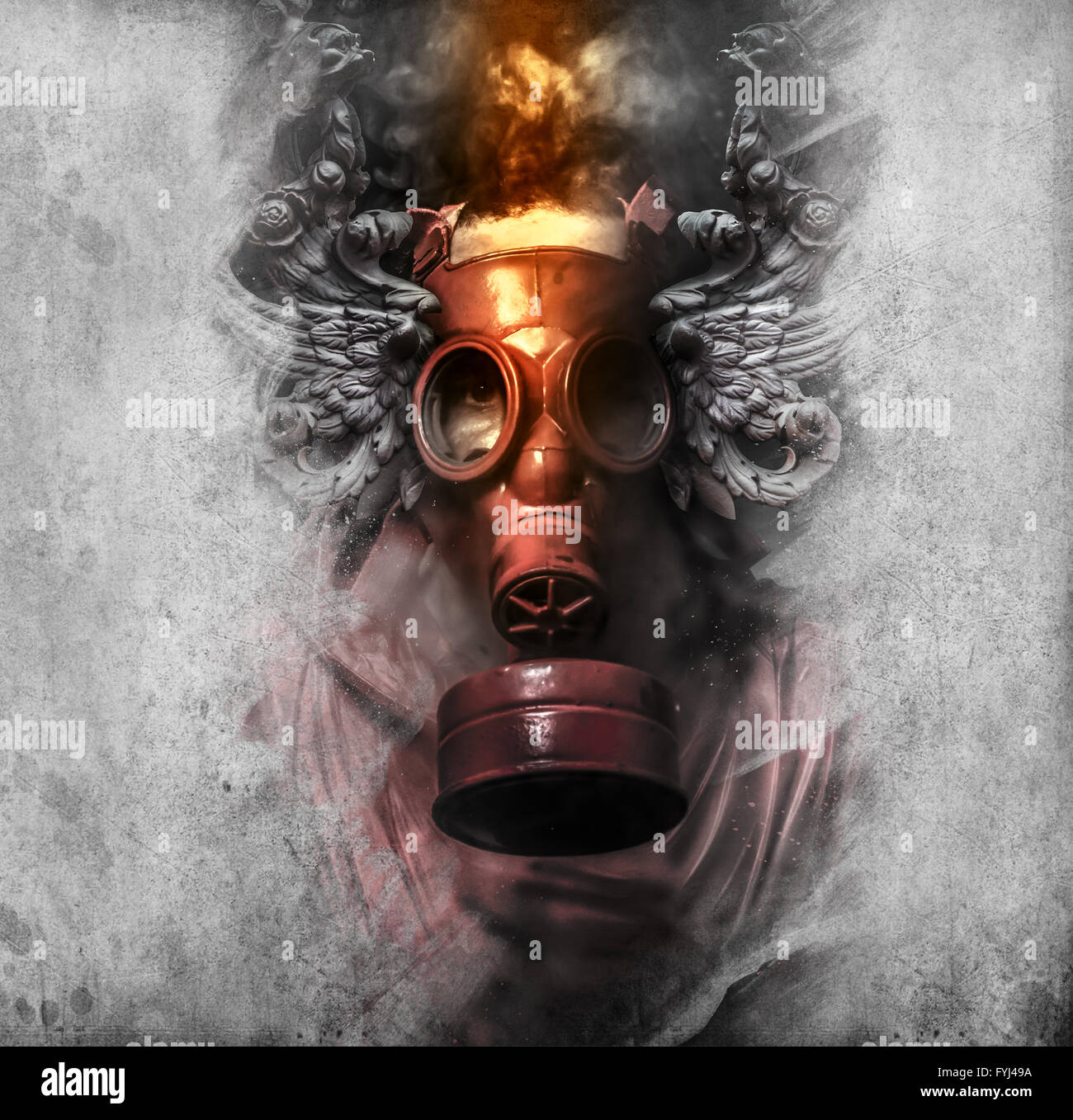 Tóxico. Un hombre en una máscara de gas en el fondo artístico de humo  Fotografía de stock - Alamy