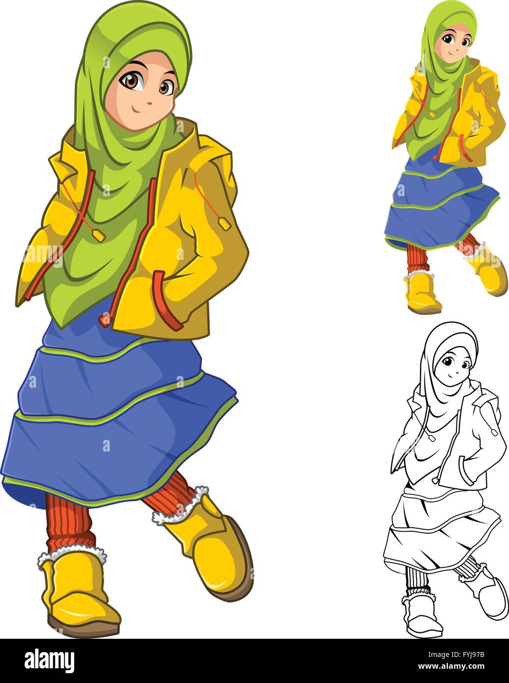 Chica musulmana moda vestidos de verde pañuelo o velo con chaqueta amarilla y botas incluyen diseño plano y esbozó la versión Ilustración del Vector