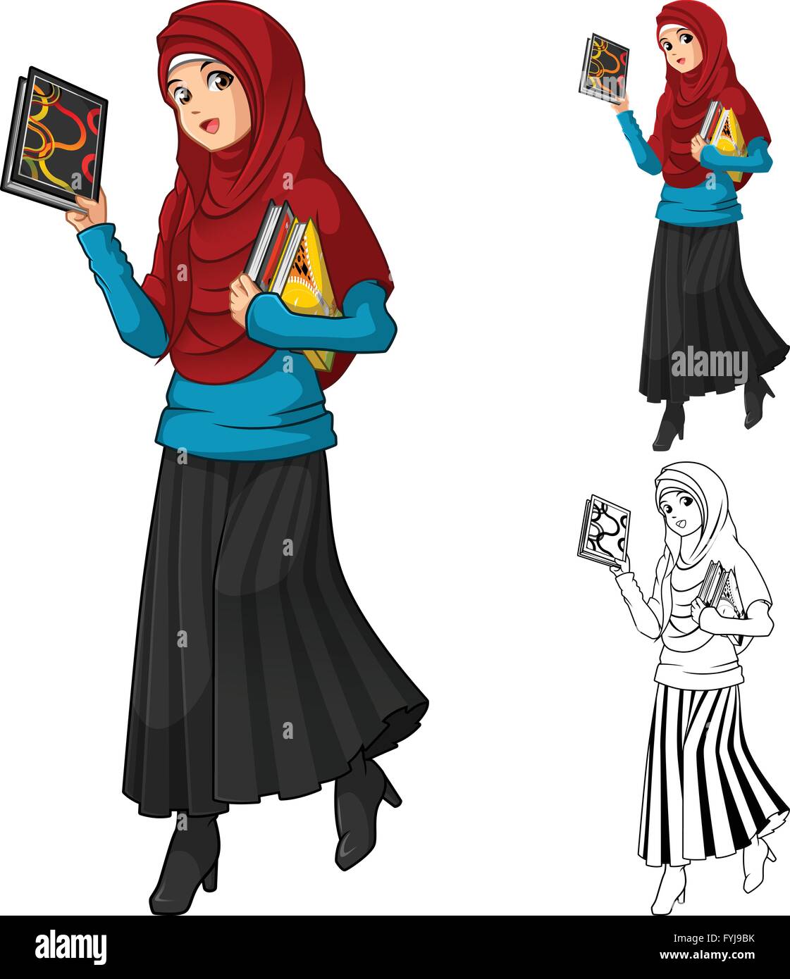 Mujer musulmana moda vestidos de rojo velo o pañuelo con la celebración de los libros incluyen un diseño plano y esbozó la versión de dibujos animados Ilustración del Vector