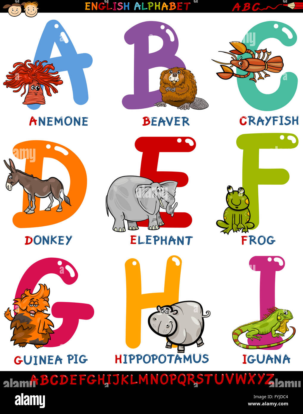 Alfabeto Inglés de dibujos animados con animales Fotografía de stock - Alamy