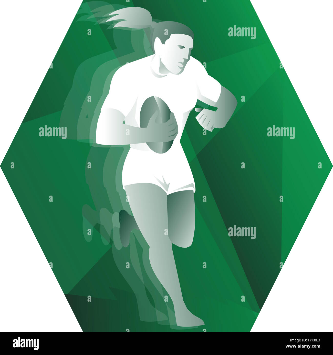 Jugador de rugby femenino ejecutando Ball Retro Foto de stock