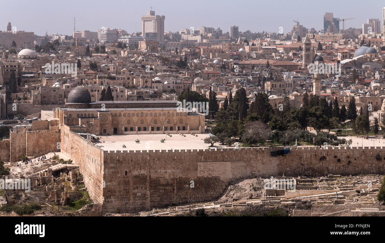 Al-Aqsa, Del Monte del Templo, en Jerusalén, vista desde el Monte de los Olivos al este. Foto de stock