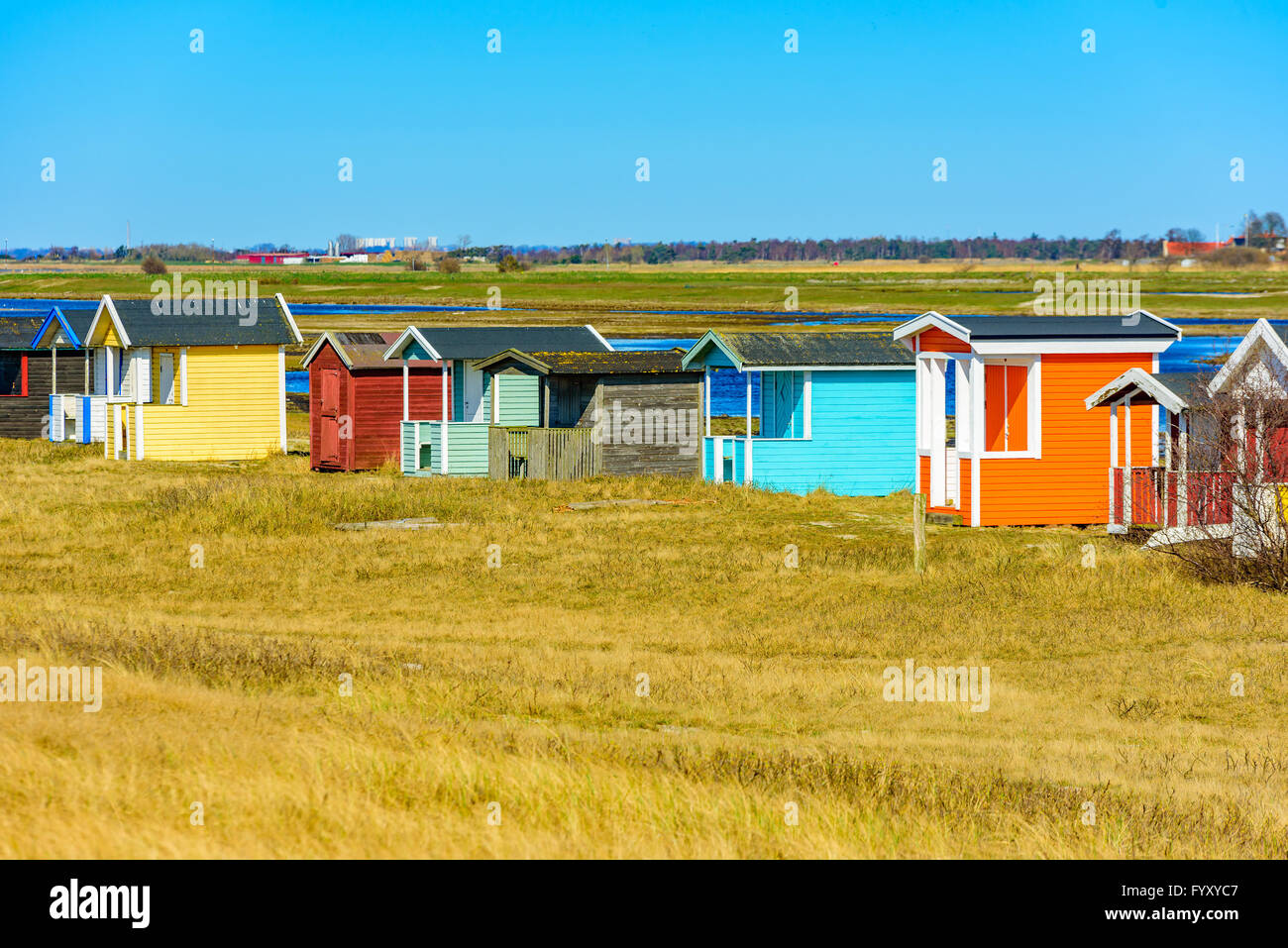 Falsterbo, Suecia - 11 de abril de 2016: precioso paisaje escénico con una fila de coloridas casetas de baño en el pasto seco. El senderismo tra Foto de stock
