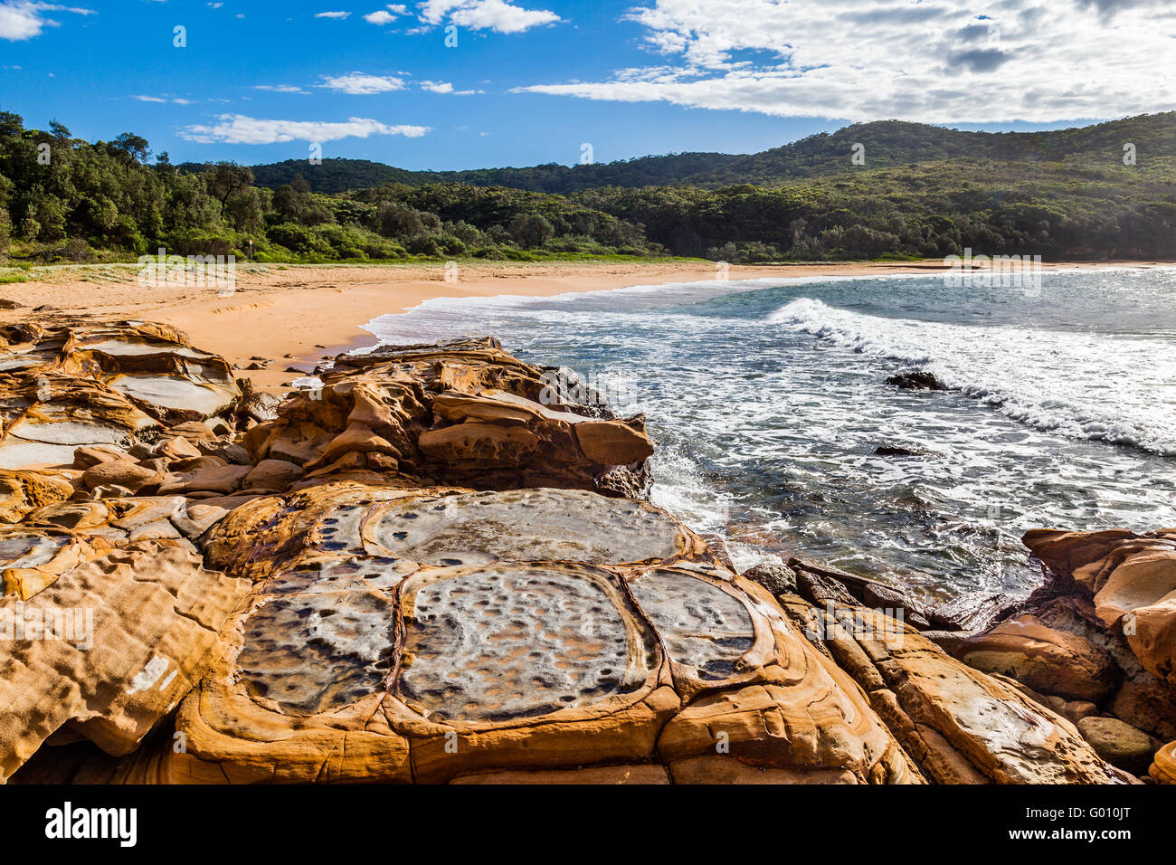 Australia, Nueva Gales del Sur, de la Costa Central, Bouddi National Park, la playa y la plataforma de roca en Maitland Bay. Foto de stock