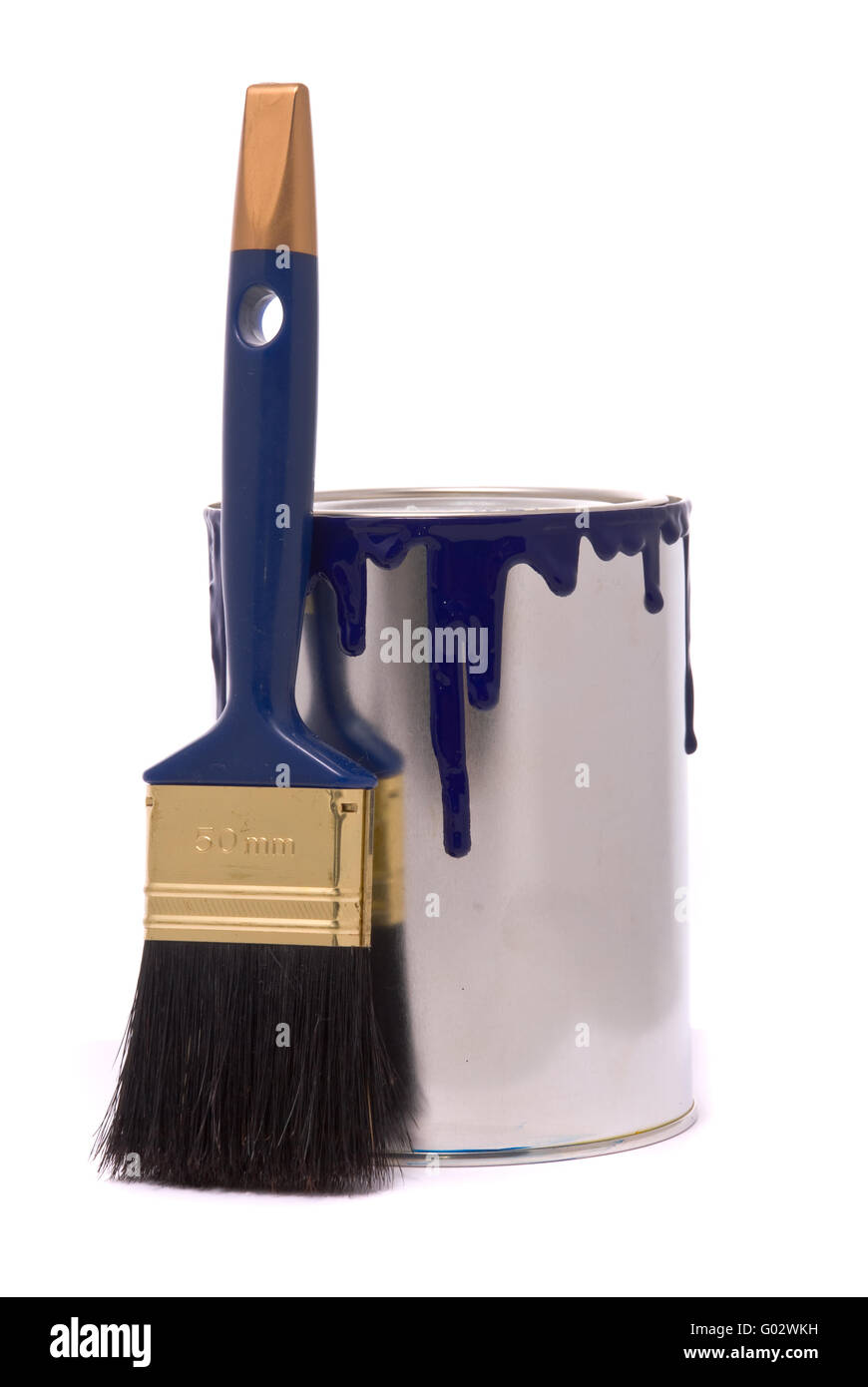 Lata de pintura azul y cepillos profesionales en un blanco Foto de stock