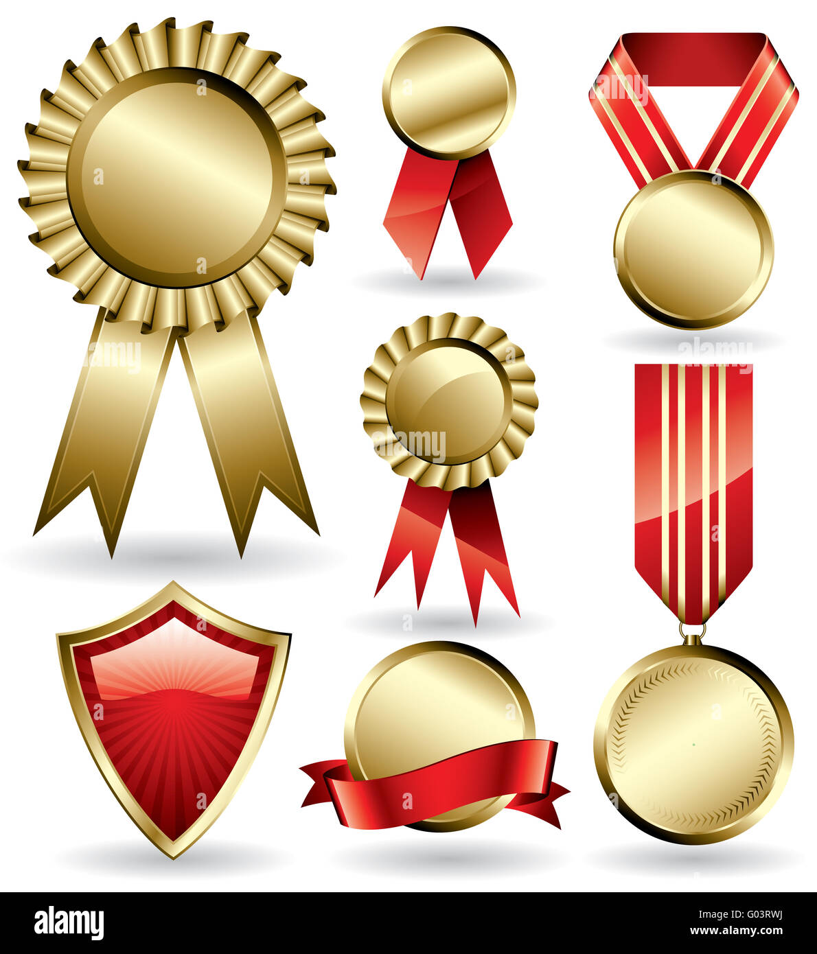 Premios militares liderazgo deportivo ronda medallas de oro con cintas  rojas logro vectorial decente conjunto realista