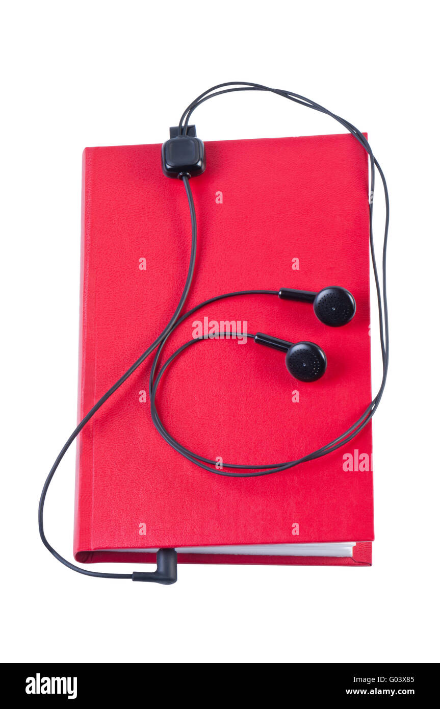Libro de audio con auriculares aislado sobre fondo blanco. Foto de stock