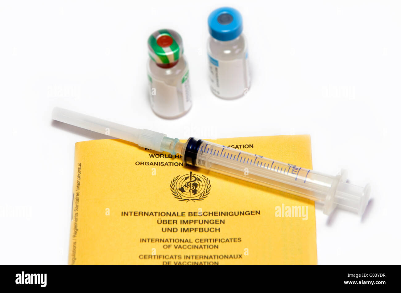 Certificados de vacunación folleto y jeringa Foto de stock