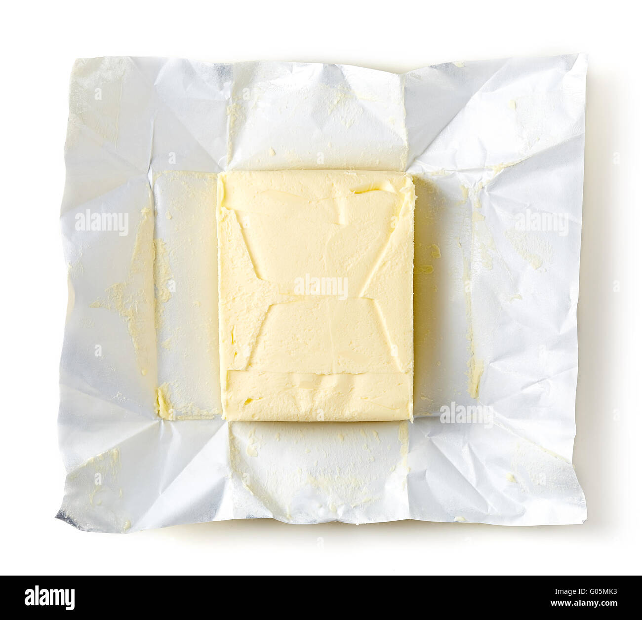 Paquete de mantequilla aislado sobre fondo blanco, vista superior Foto de stock