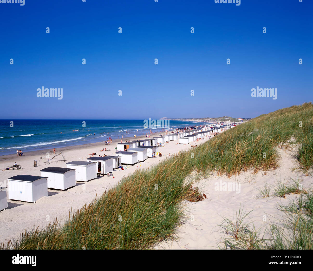 Cabañas de playa en Loekken, norte de Jutlandia, Dinamarca, Escandinavia, Europa Foto de stock
