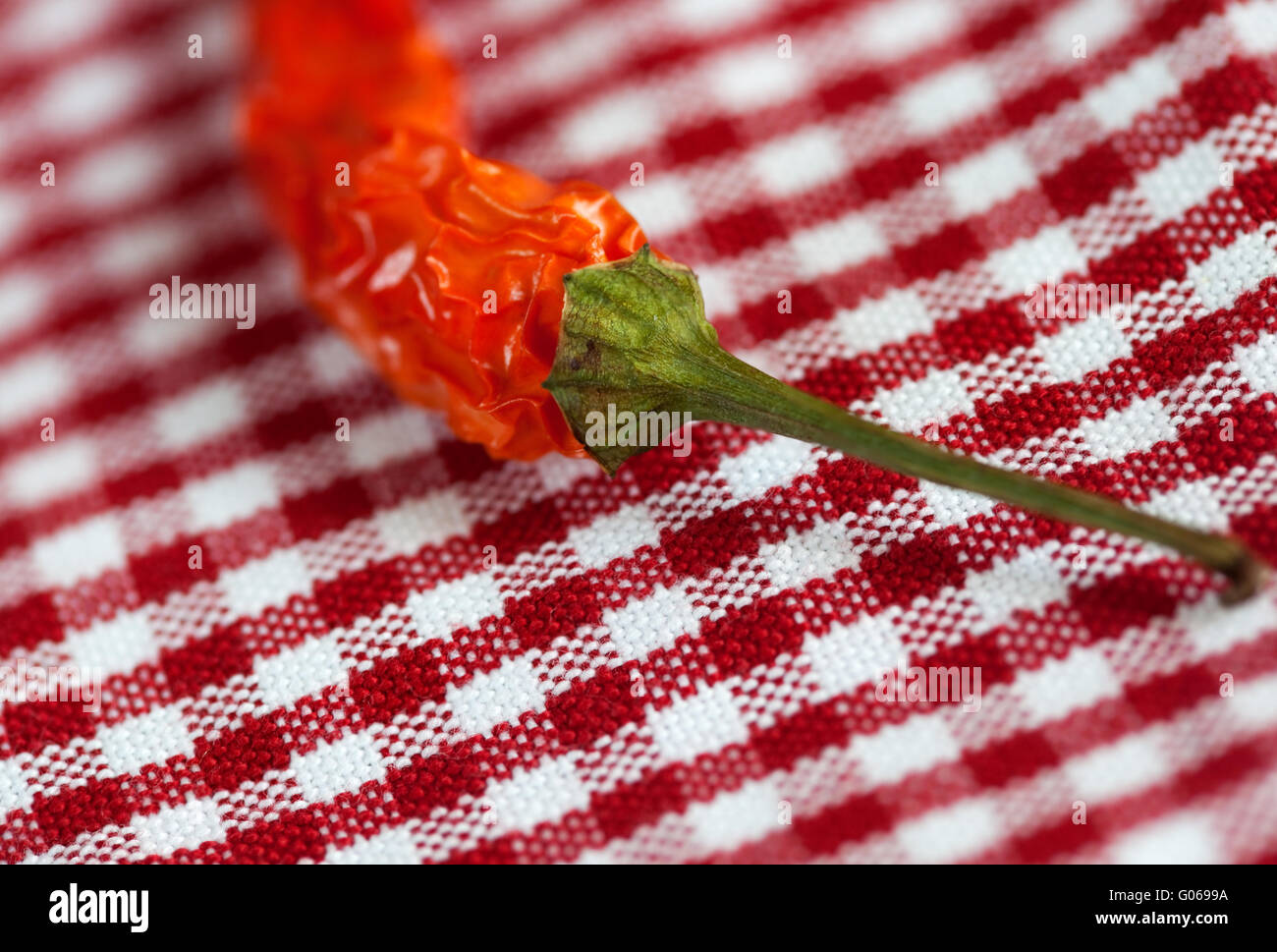 Chiles secos en tela de cuadros rojo y blanco Foto de stock