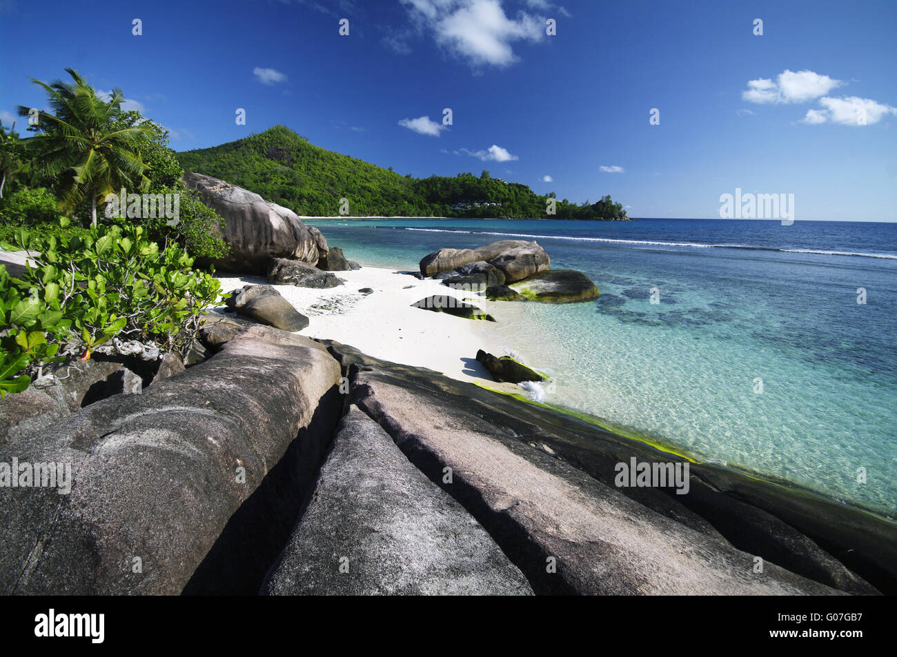 Playa con rocas y palmeras en Baie Lazare Foto de stock