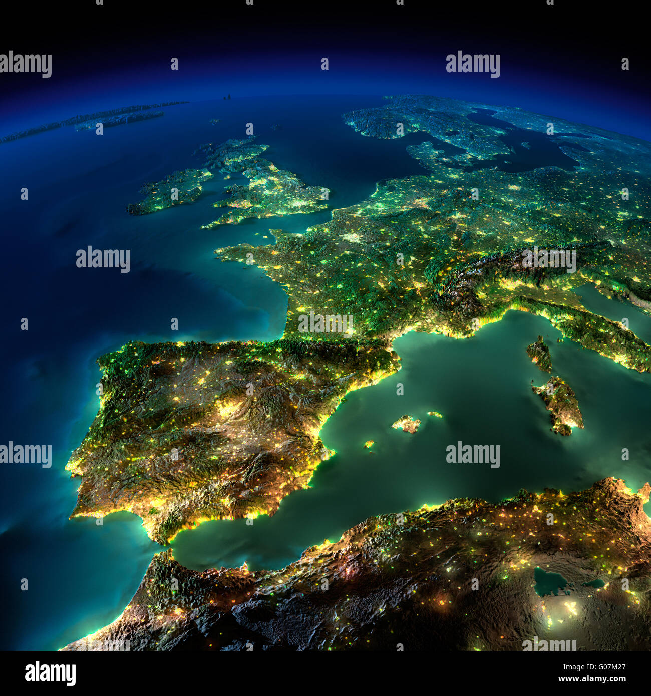 La noche de la tierra. Un trozo de Europa -España, Portugal, Francia Foto de stock