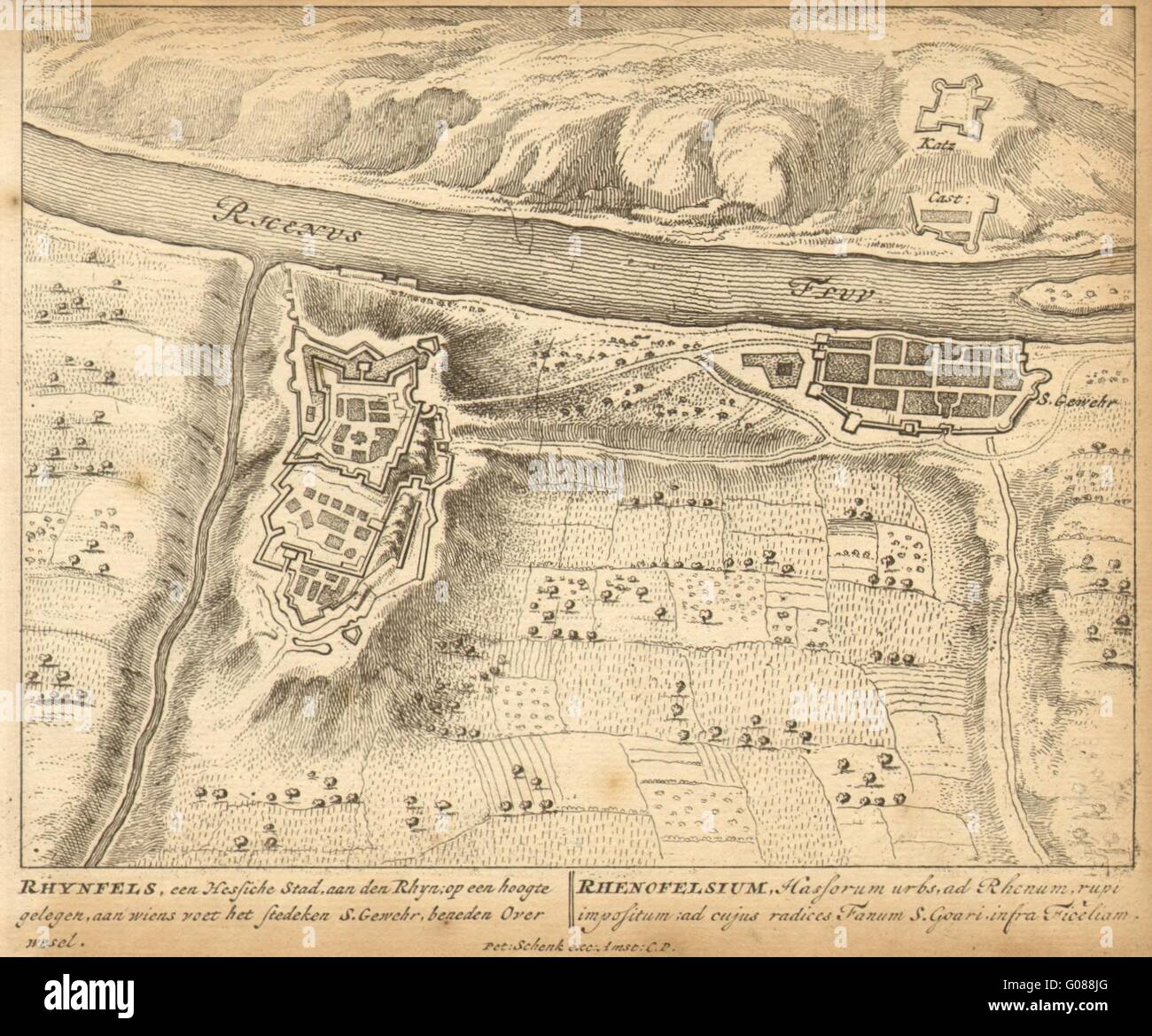 RHEINFELS: Ciudad del plan por Schenk. Escasos. Alemania, 1710 mapa antiguo Foto de stock