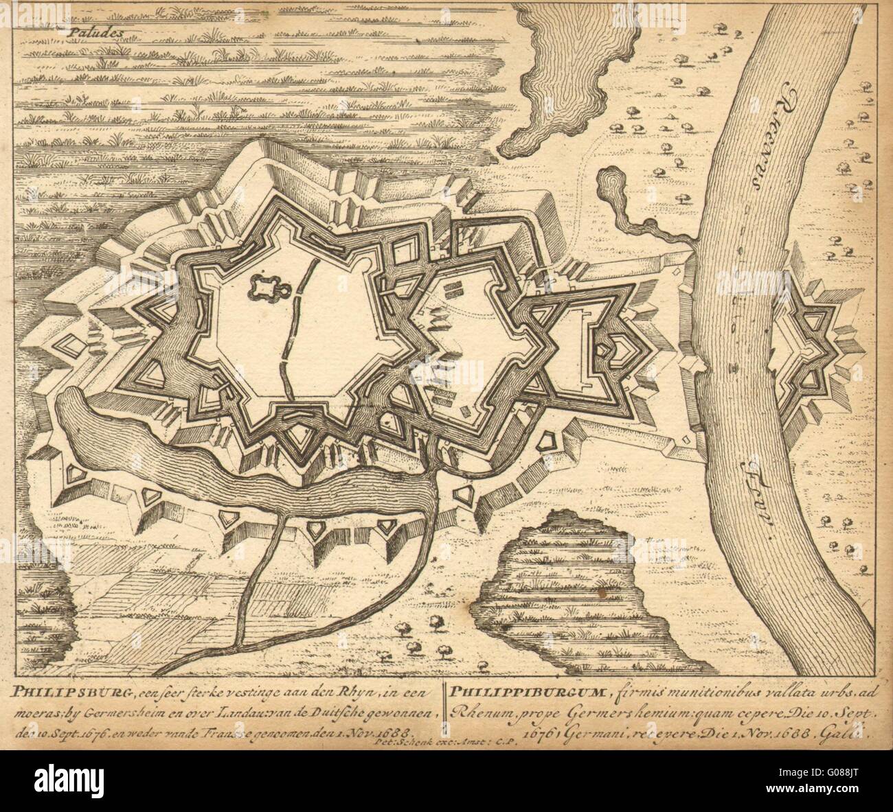 PHILIPPSBURG: Ciudad del plan por Schenk. Escasos. Alemania, 1710 mapa antiguo Foto de stock