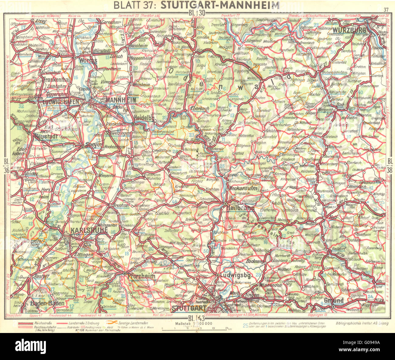 Alemania: Stuttgart-Mannheim, 1936 vintage mapa Foto de stock
